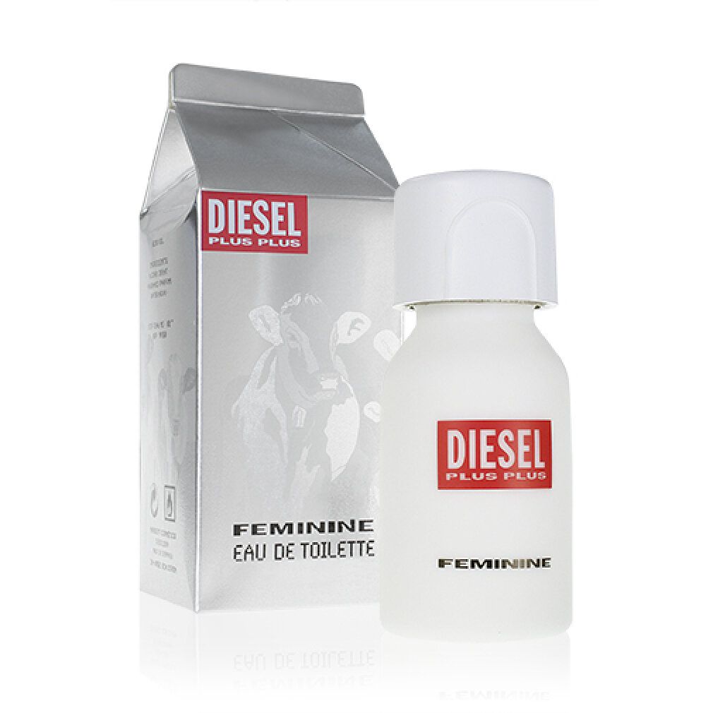 Flasche und Verpackung von Diesel Plus Plus Feminine Eau de Toilette. Flasche weiß, Verpackung silberfarben mit Logo und Kuh.