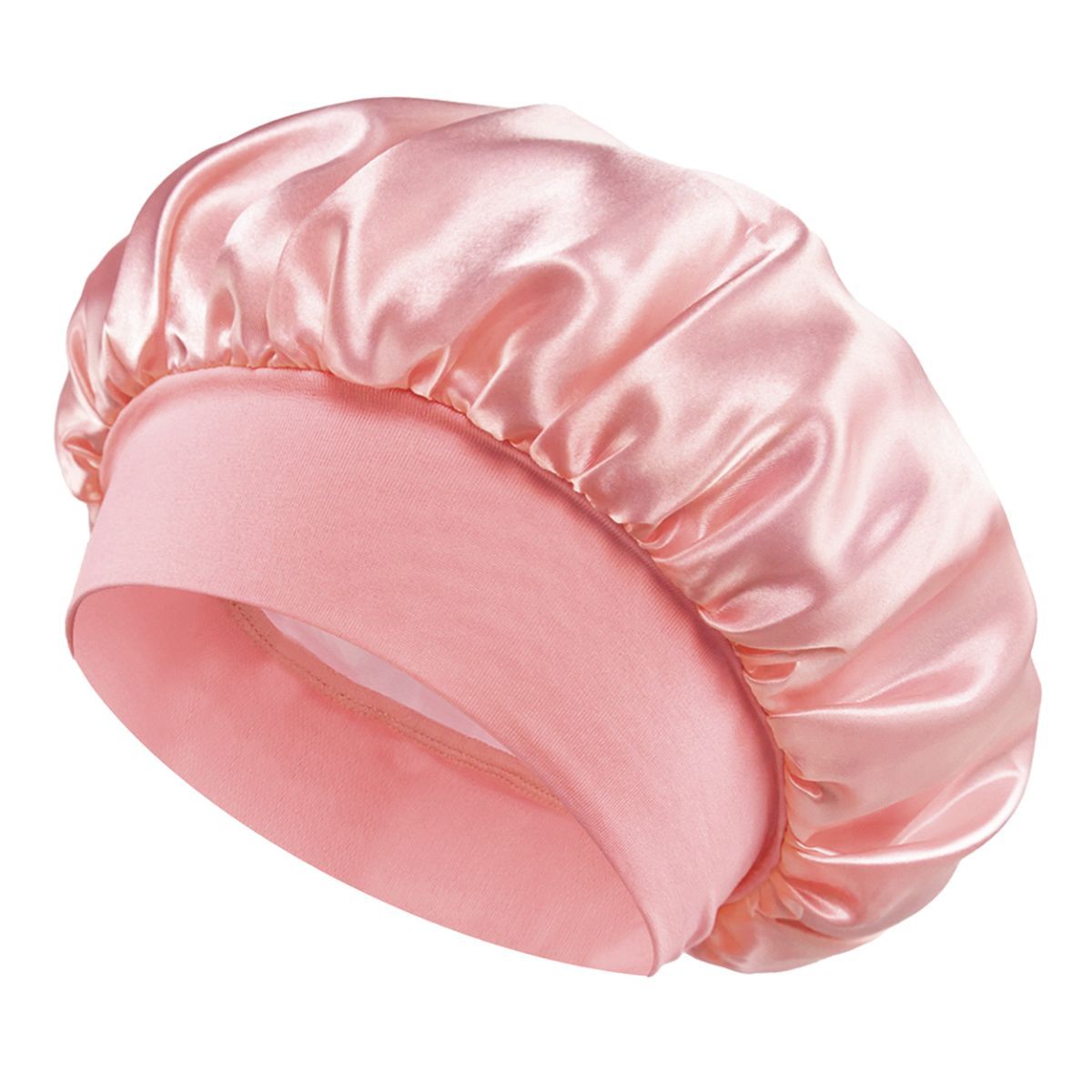 Ein rosafarbener Satin-Schlafhaube mit breitem, elastischem Band.