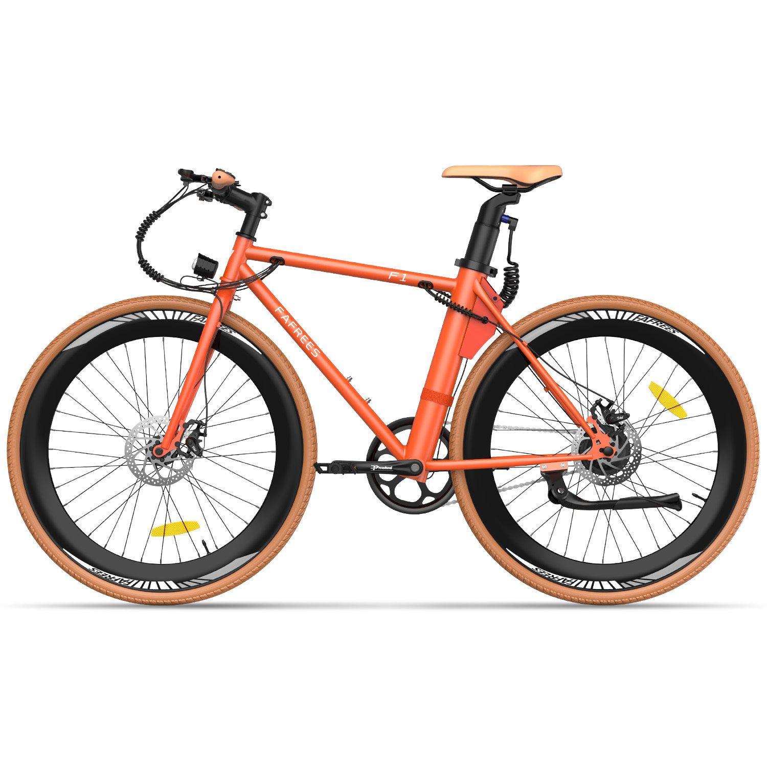Orangefarbenes Elektrofahrrad mit braunen Reifen und Sattel. Sichtbar: Fafrees-Logo, F1-Modellbezeichnung.