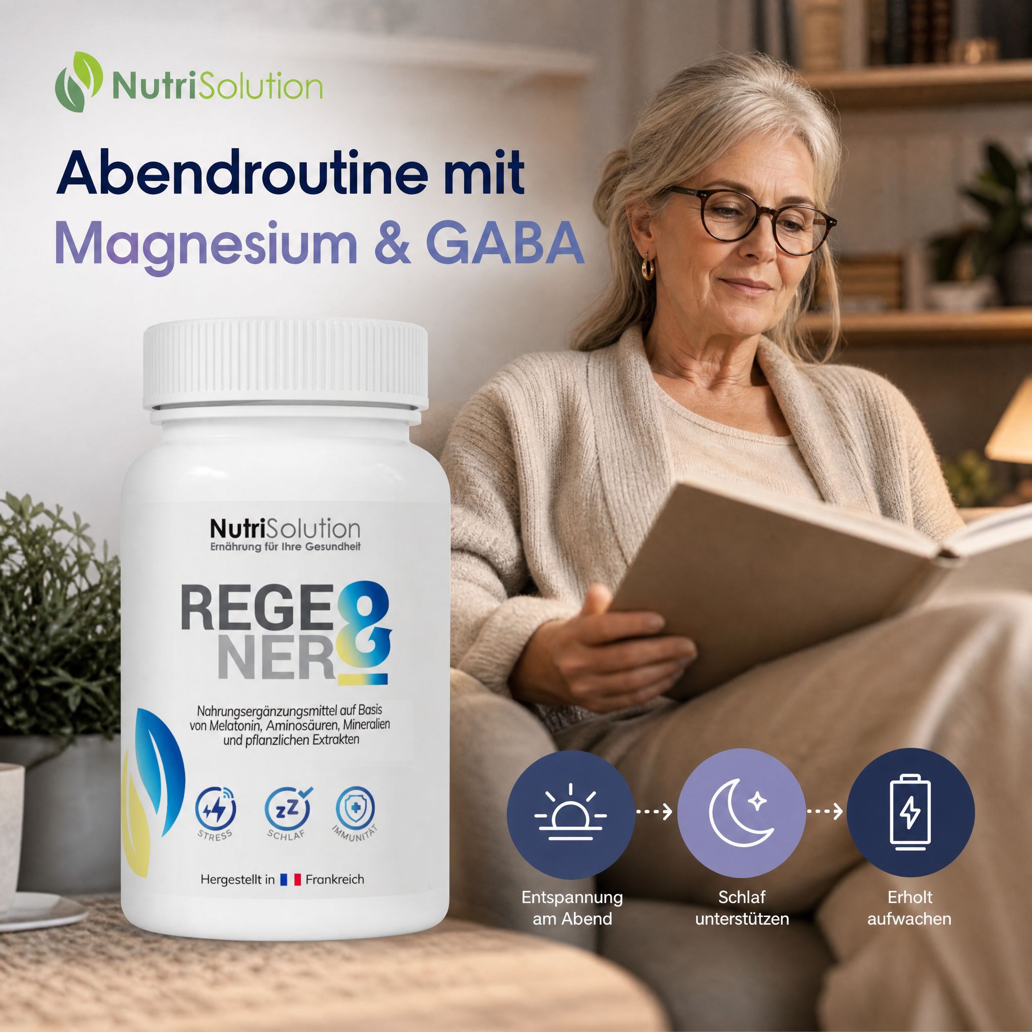 NutriSolution Regener-8 Kapselbehälter neben einer lesenden Frau. Abendroutine mit Magnesium & GABA.