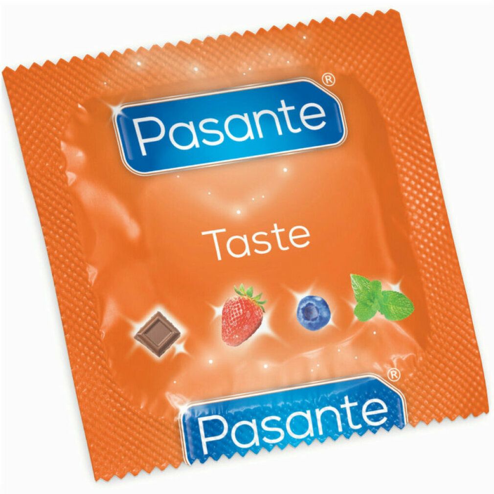 Einzelnes Kondom in orangefarbener Verpackung. Zeigt das Logo von Pasante und das Wort 'Taste' mit Abbildungen von Früchten und Schokolade.