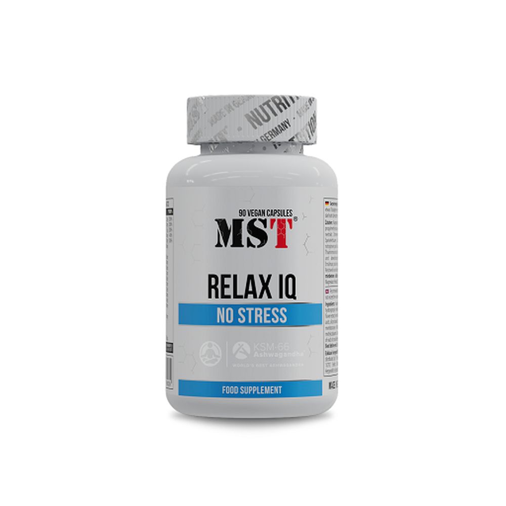 Weiße Flasche mit MST Relax IQ No Stress Kapseln. 90 vegane Kapseln. Blau-weiße Etiketten mit Produktnamen und Logo.