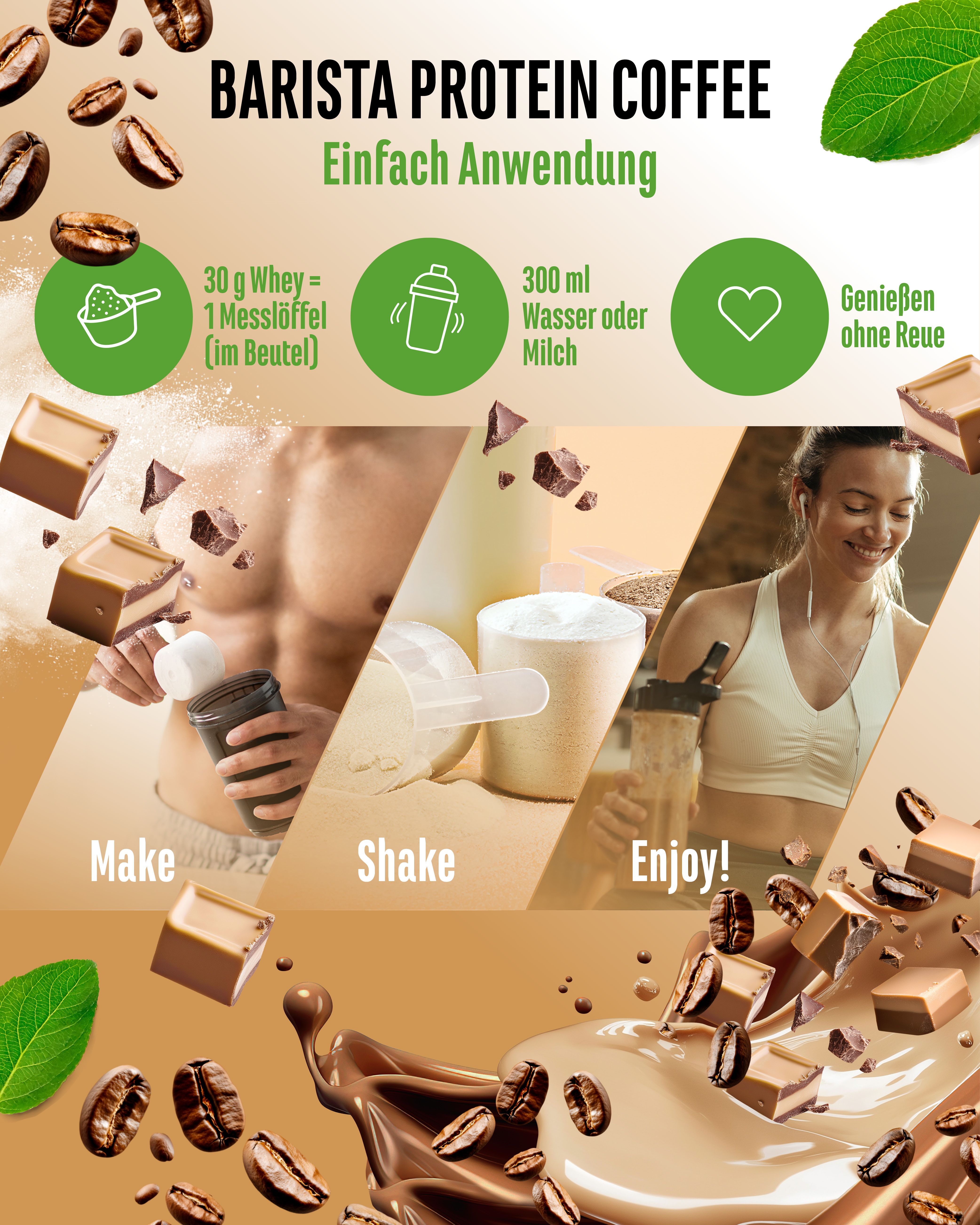Anwendungshinweise für "Barista Protein Coffee": Mischen, schütteln, genießen. Mit Messlöffel, Wasser oder Milch.
