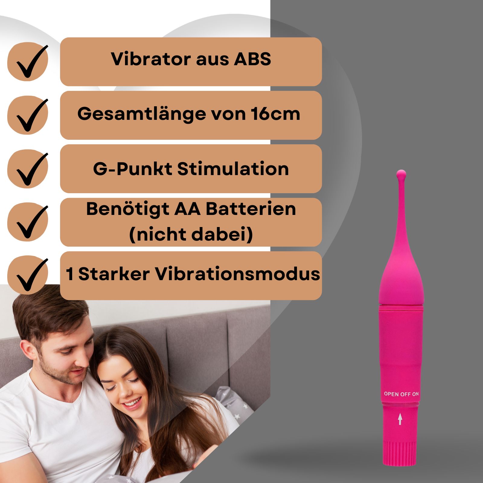 Pinkfarbener Vibrator neben einem Paar. Text: Vibrator aus ABS, 16cm, G-Punkt Stimulation.