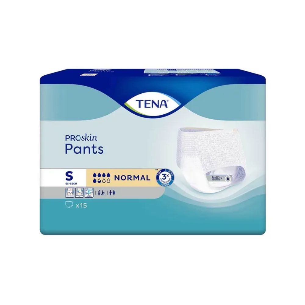 Verpackung TENA Proskin Pants. Blaue Verpackung mit Produktabbildung. Aufschrift: Proskin Pants, S, Normal. Marke: TENA.