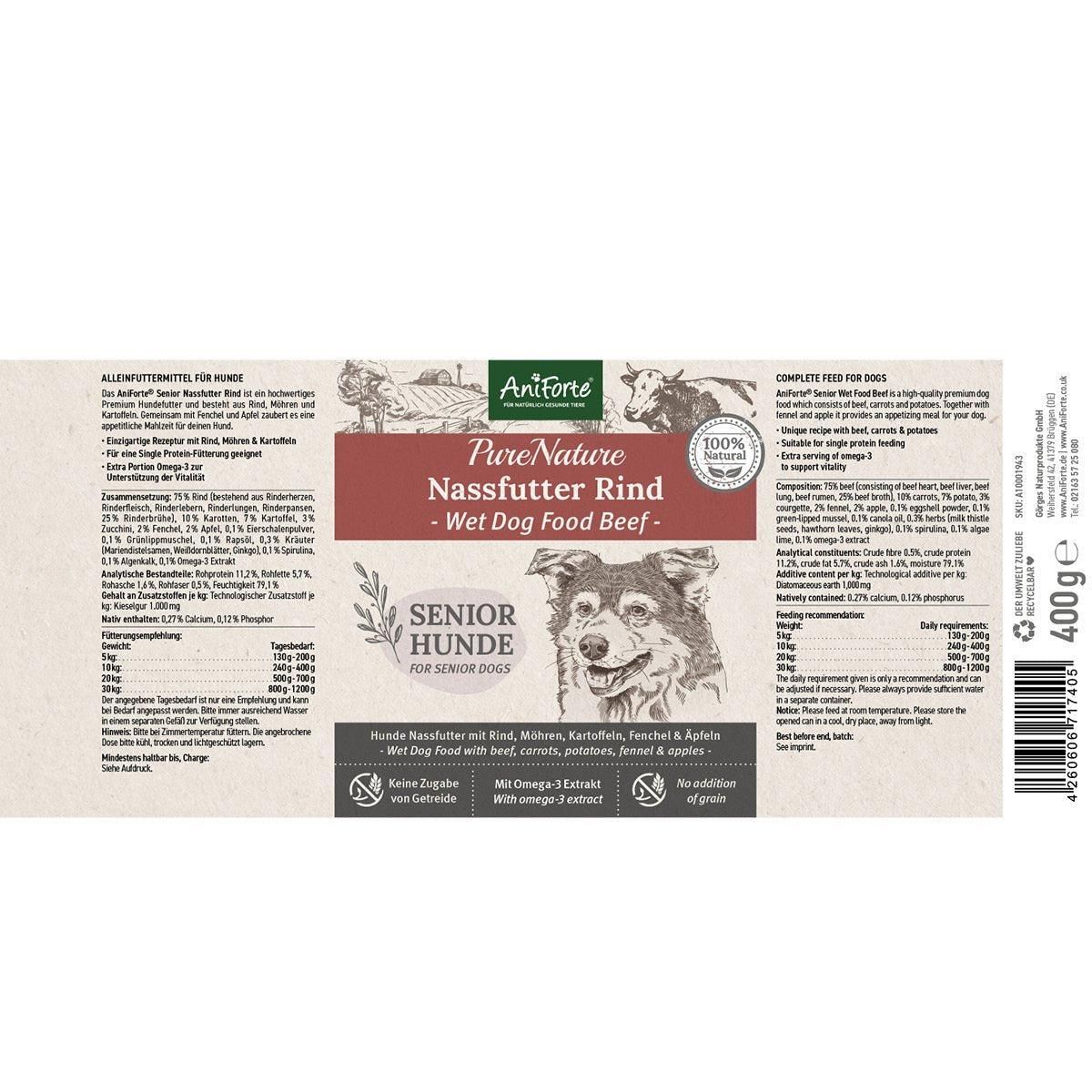 Etikett für Nassfutter für Hunde. Aufschrift: Aniforte PureNature Nassfutter Rind, Senior Hunde. Abbildung eines Hundes. 400g.