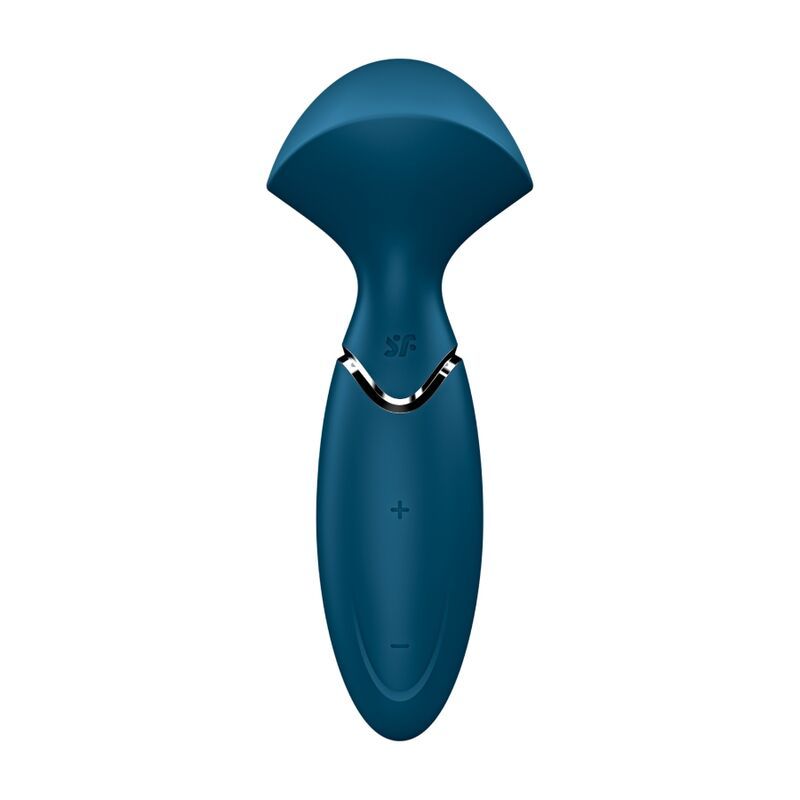Dunkelblauer Vibrator mit geschwungener Form und silbernem Ring.