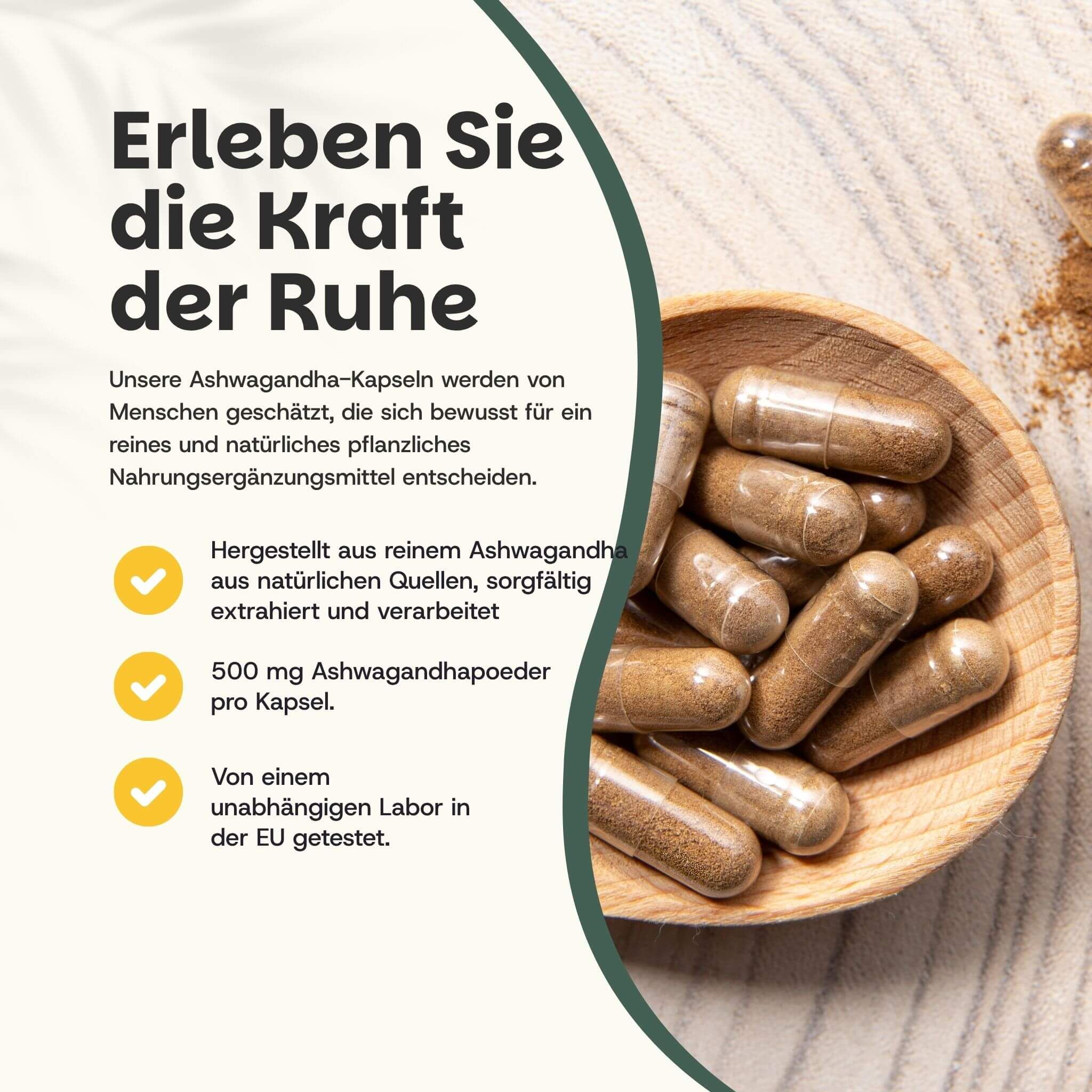Kapsel mit Ashwagandha-Pulver. Text: Organic Ashwagandha Capsules. 100% natürlich, ohne Füllstoffe, vegan, bio.