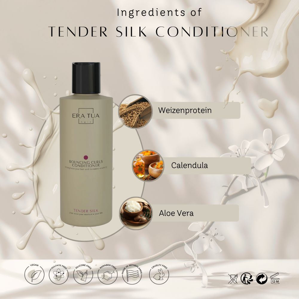 Flasche mit Conditioner. Text: Era Tua, Tender Silk Conditioner. Inhaltsstoffe: Weizenprotein, Calendula, Aloe Vera. Vegan-Siegel.
