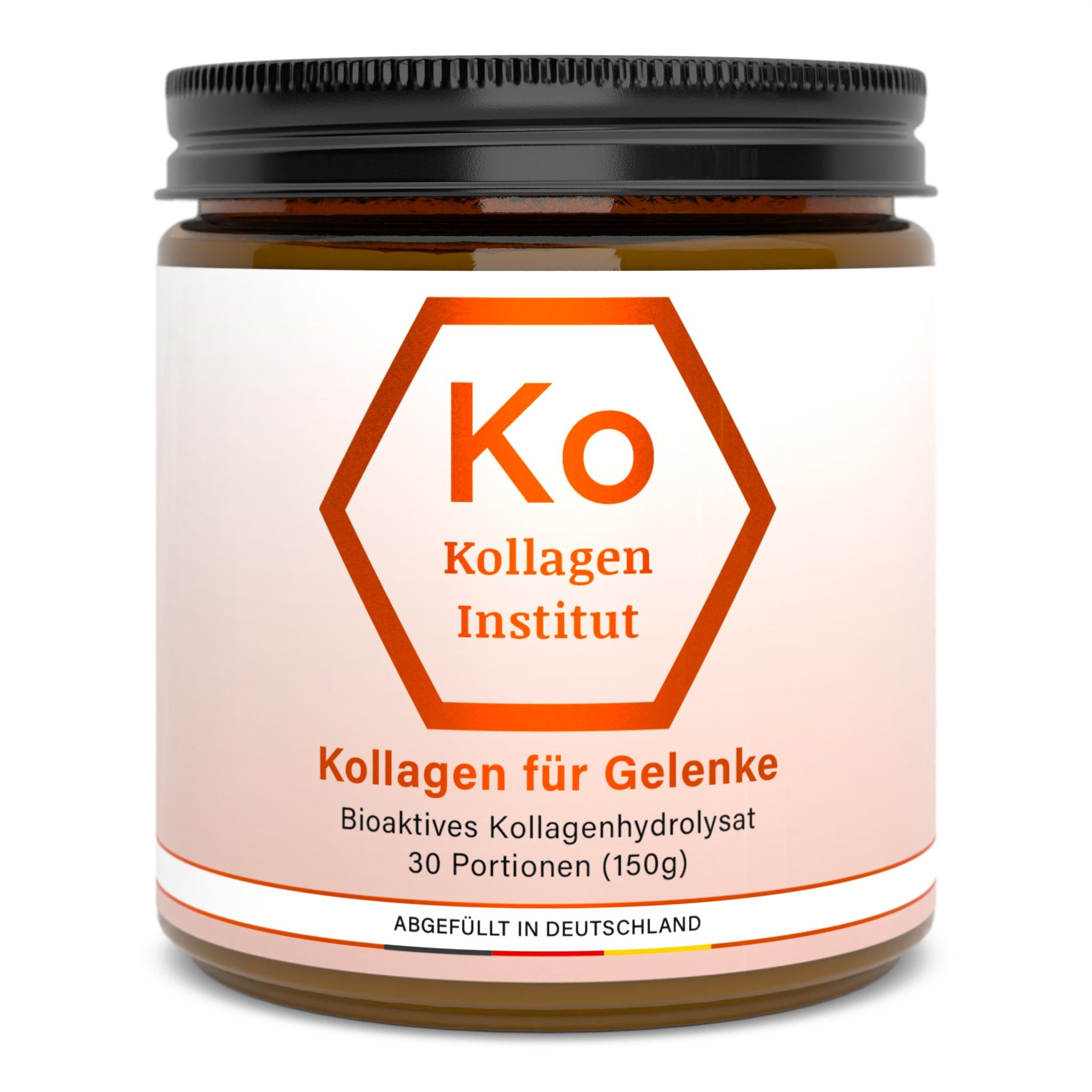 Braunes Glas mit weißem Etikett, Kollagen für Gelenke, 30 Portionen (150g).