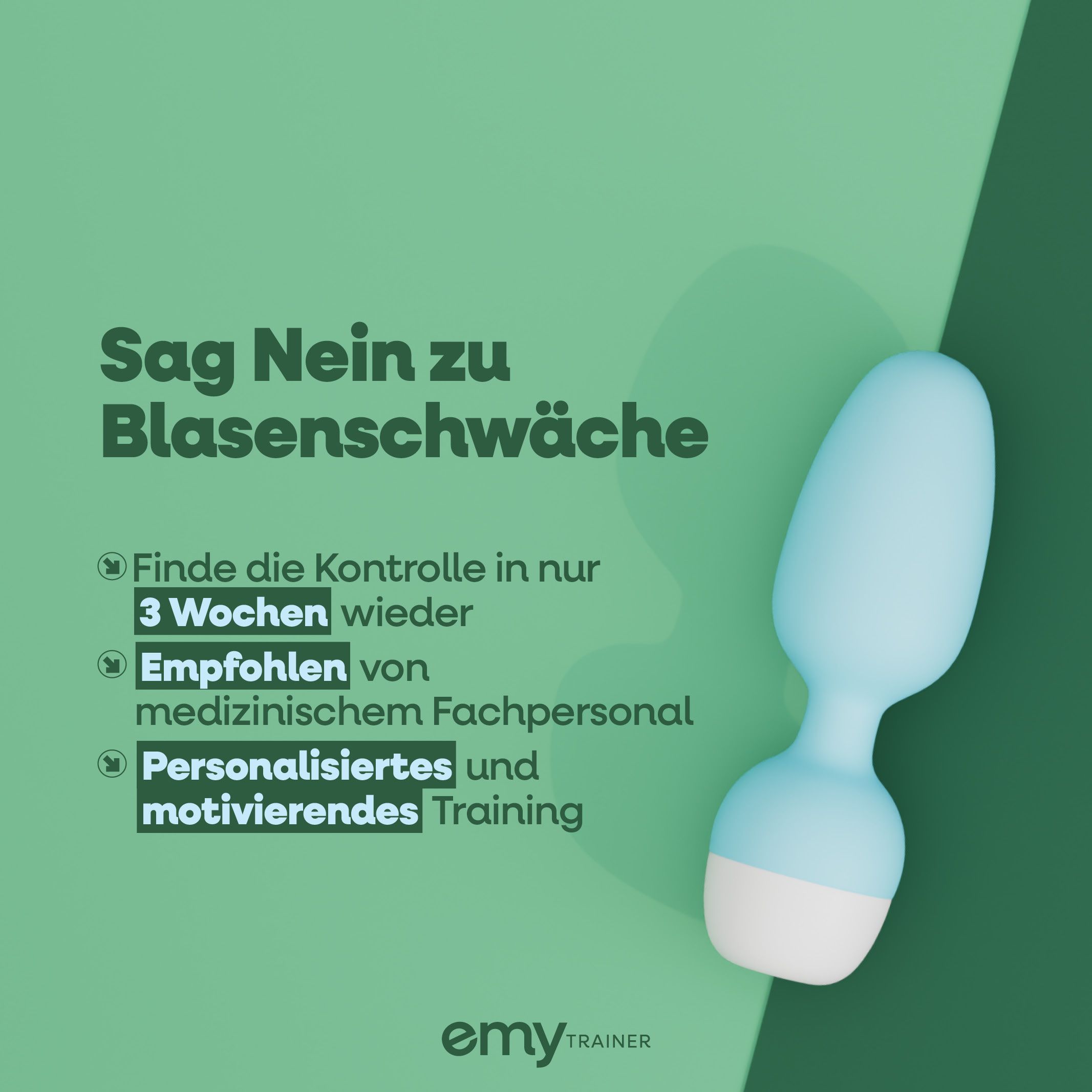 Blau-weißes Beckenbodentrainingsgerät. Text: Sag Nein zu Blasenschwäche, finde Kontrolle in 3 Wochen, empfohlen von medizinischem Fachpersonal.