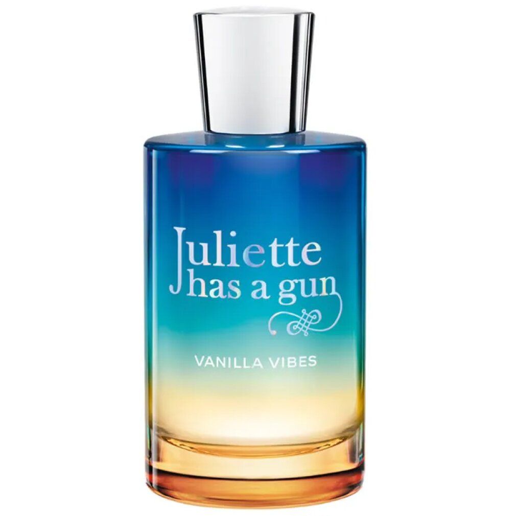 Parfümflasche. Aufschrift: Juliette has a gun, Vanilla Vibes. Farbverlauf von blau nach gelb. Silberner Verschluss.