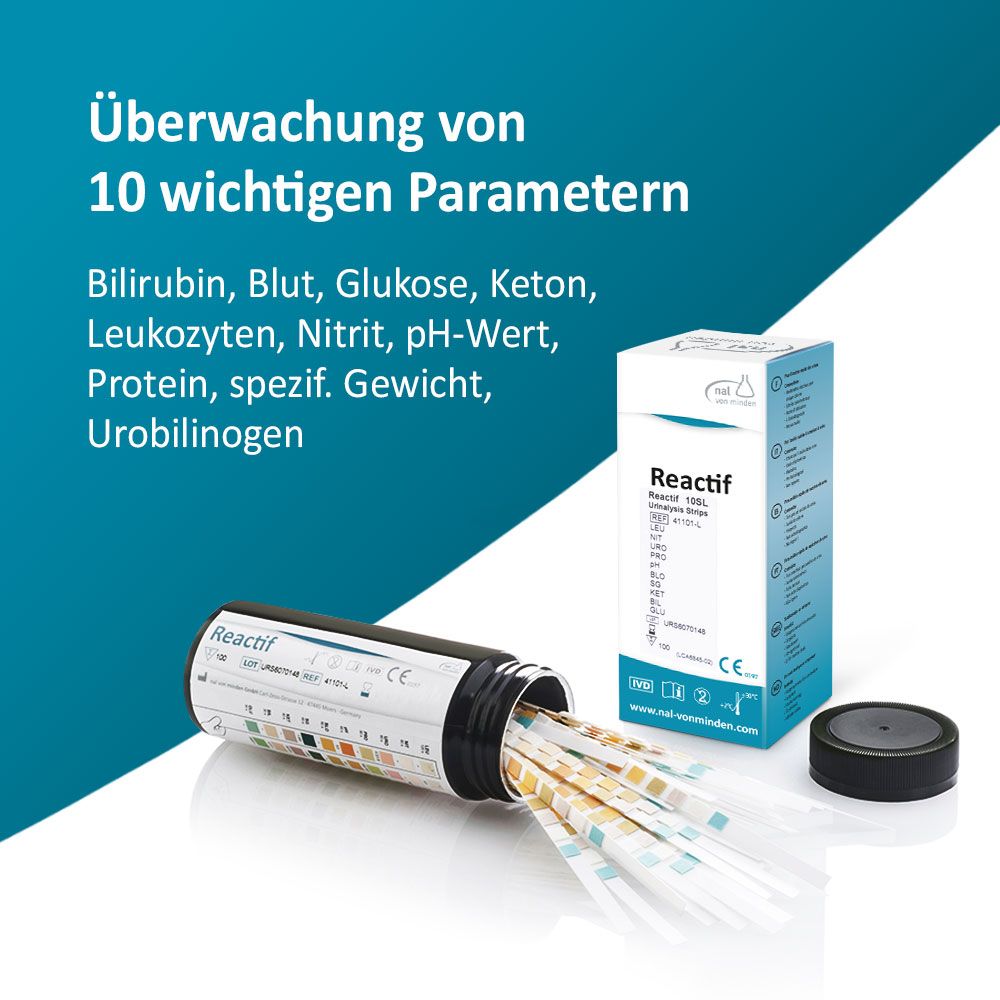 Teststreifen und Verpackung. Aufschrift Reactif, 10SL. Mit Farbskala. CE-Kennzeichnung.