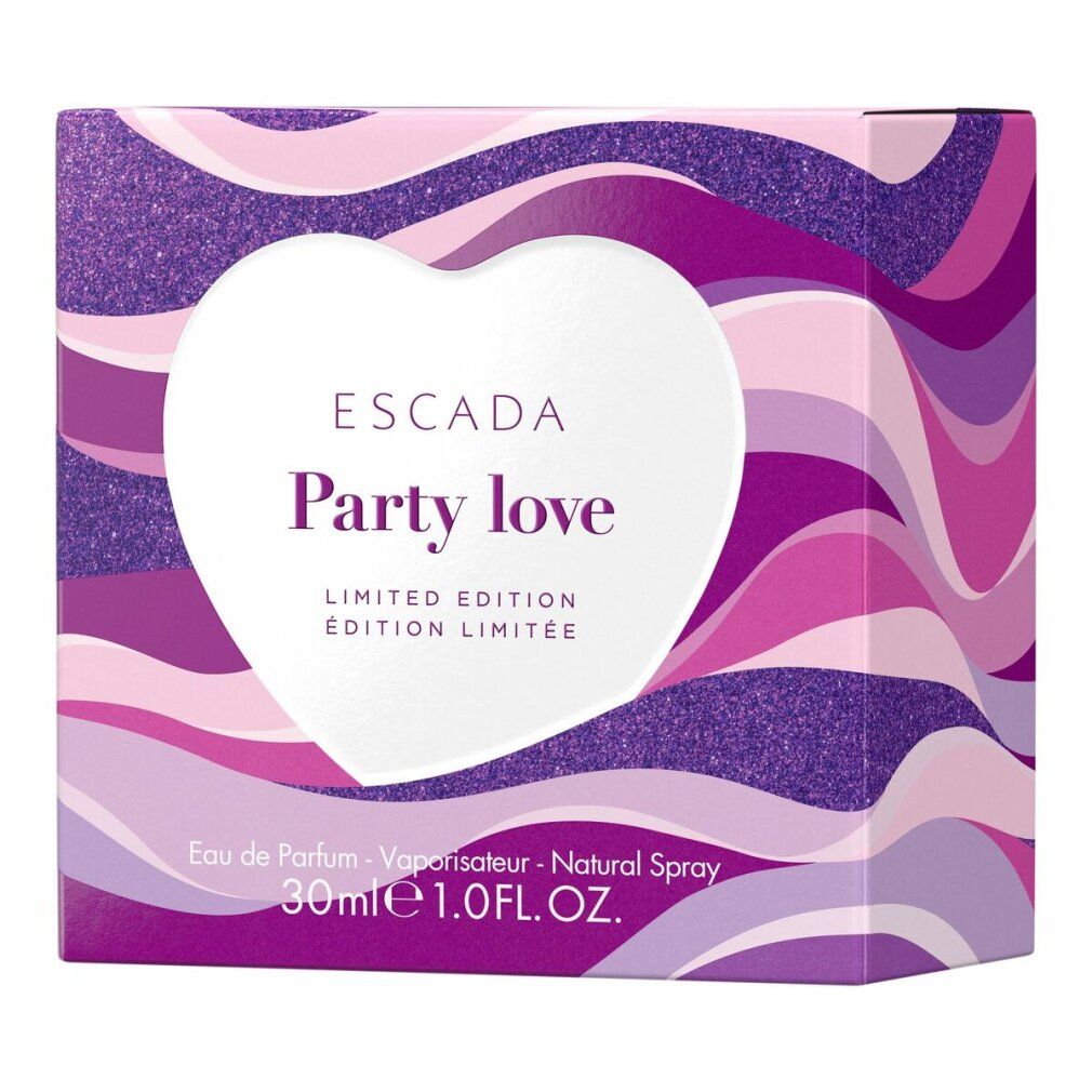 Schachtel mit ESCADA Party Love, Limited Edition. Lila, rosa und weißes Design.
