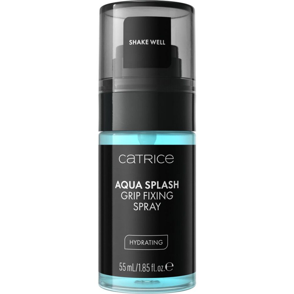 Schwarze Sprühflasche mit blauem Inhalt. Aufschrift: Catrice, Aqua Splash Grip Fixing Spray. Hydratisierend. 55 ml/1.85 fl.oz.e.