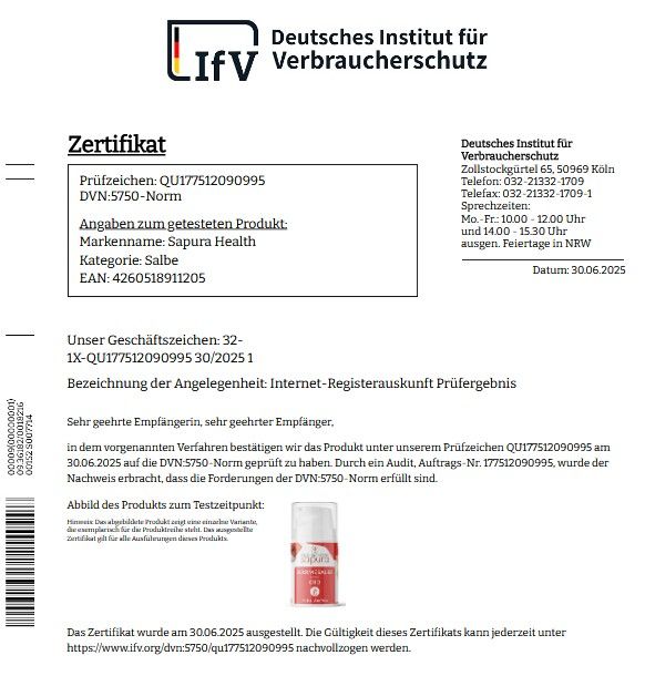 Zertifikat des Deutschen Instituts für Verbraucherschutz. Angaben zum getesteten Produkt: Salbe, Kategorie: Salbe, Marke: Sapura Health. EAN-Code.