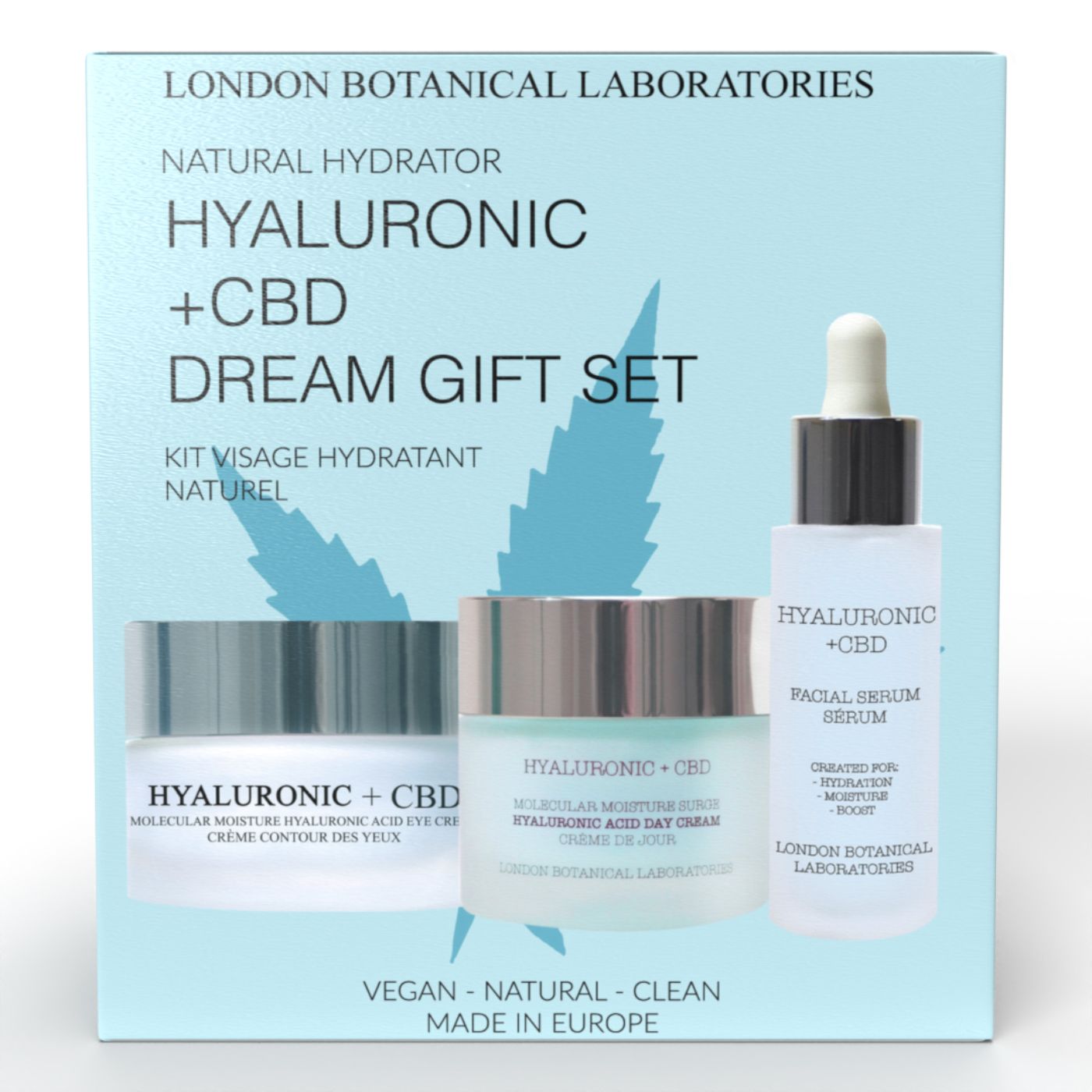 Geschenkset mit drei Produkten. Enthält Creme, Augencreme und Serum. Aufschrift: Hyaluronic + CBD Dream Gift Set.