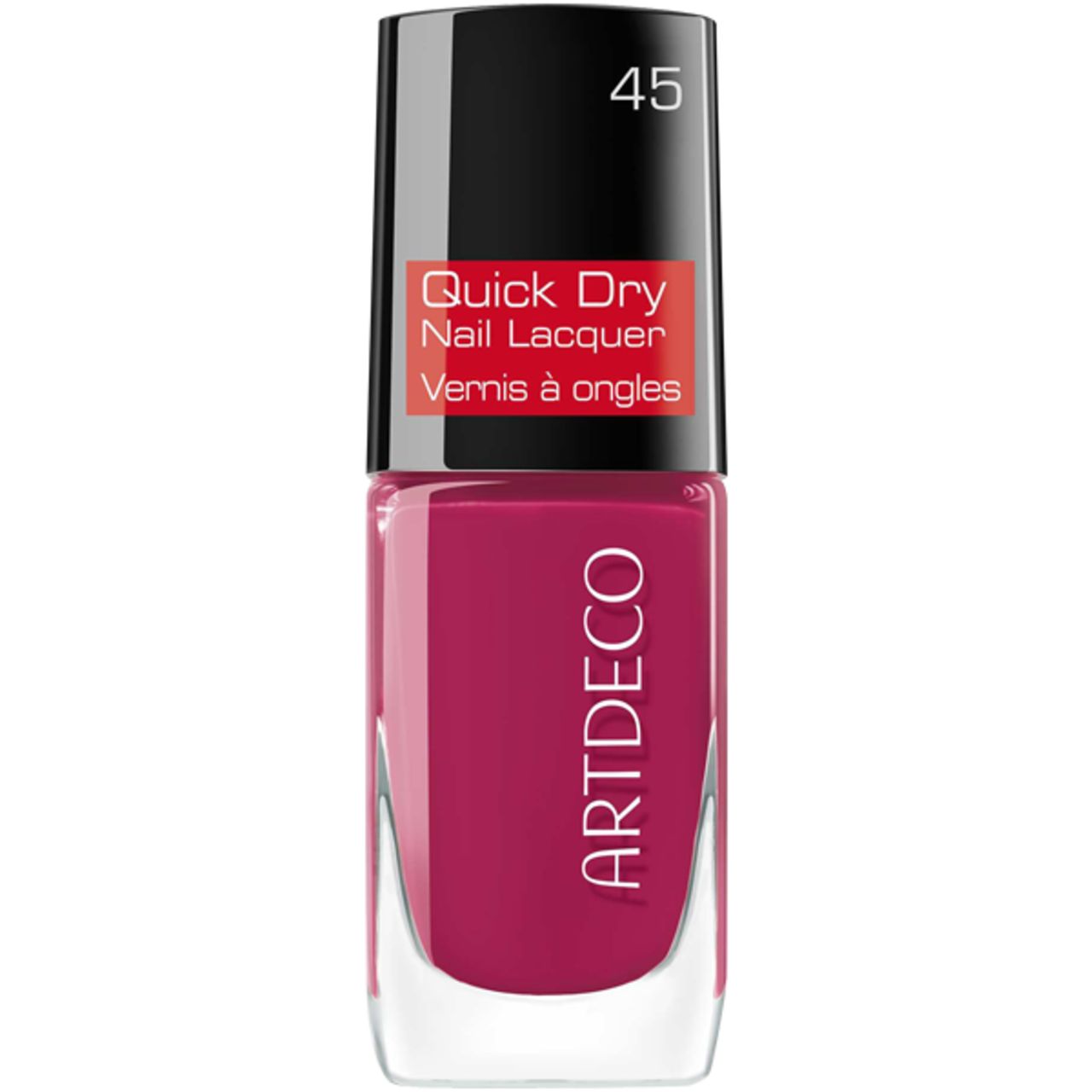 Nagellackflasche, rot. Schwarzer Deckel, rotes Etikett mit Aufschrift. Marke Artdeco. Farbnummer 45.