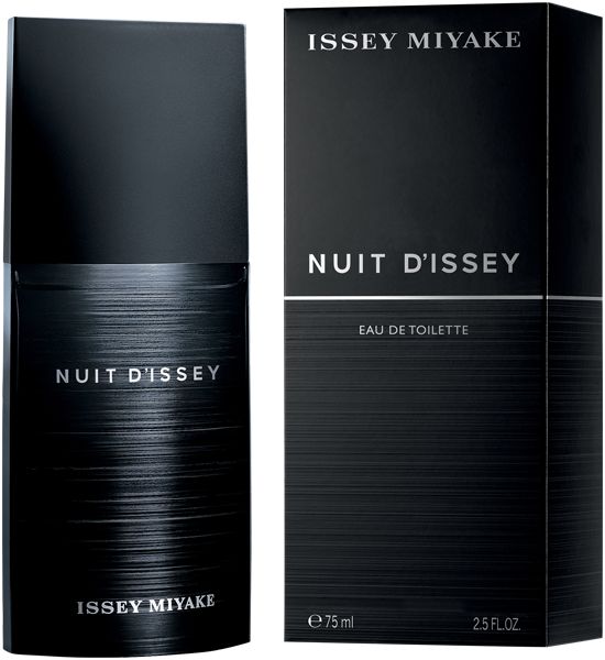 Schwarzer Flakon und Verpackung. Aufschrift: Nuit d'Issey, Eau de Toilette. Marke: Issey Miyake. 75 ml.