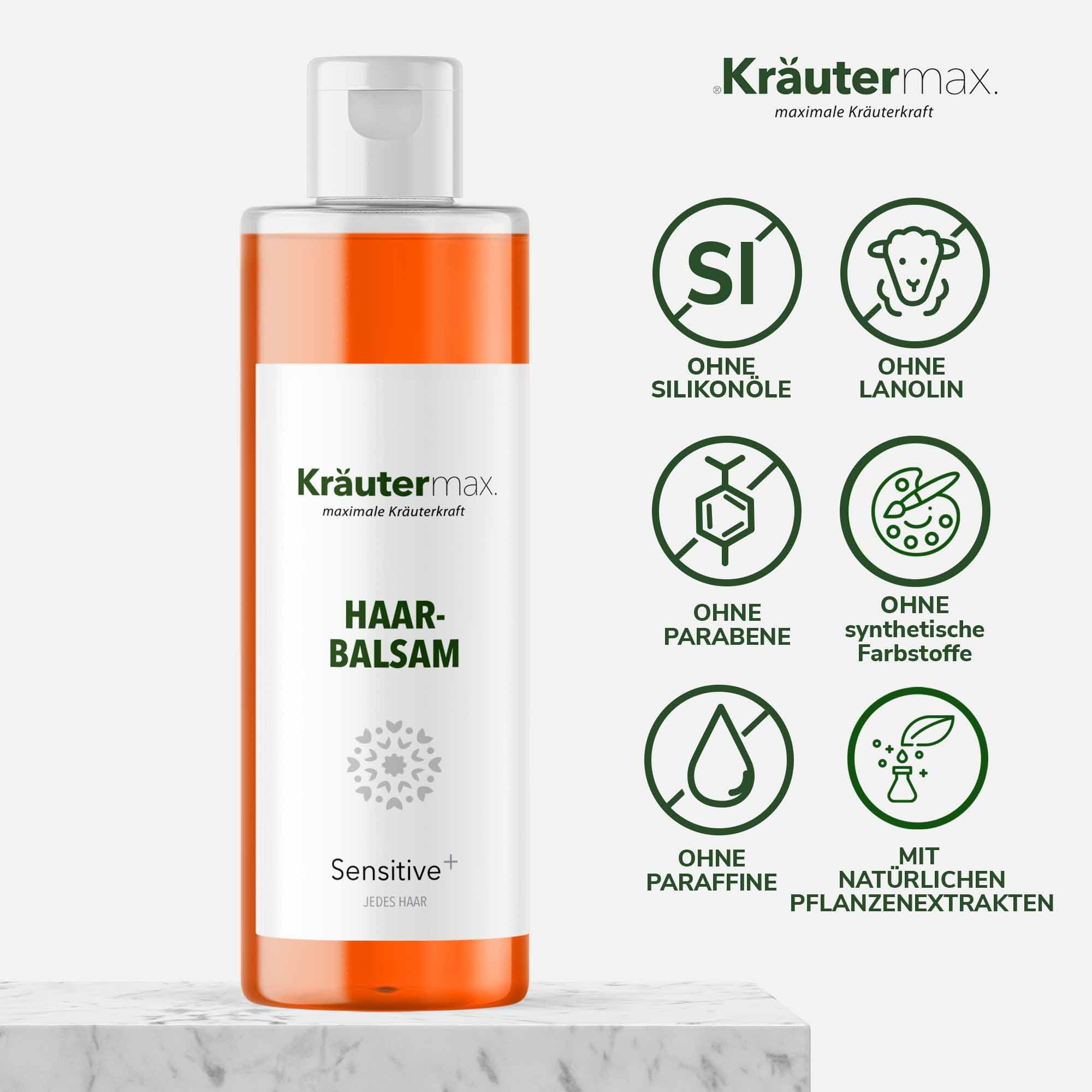 Orangefarbene Flasche mit weißem Deckel. Beschriftung: Kräutermax Haarbalsam Sensitive+. Symbole für Inhaltsstofffreiheit.