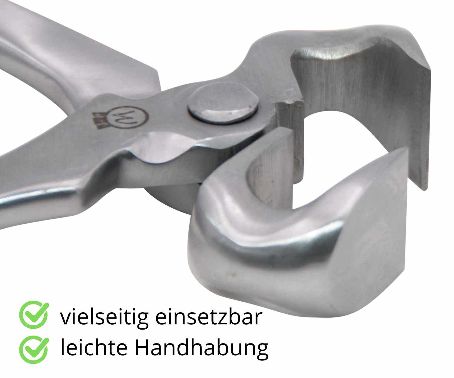 Hufschneidezange aus Metall. Text: "vielseitig einsetzbar", "leichte Handhabung".