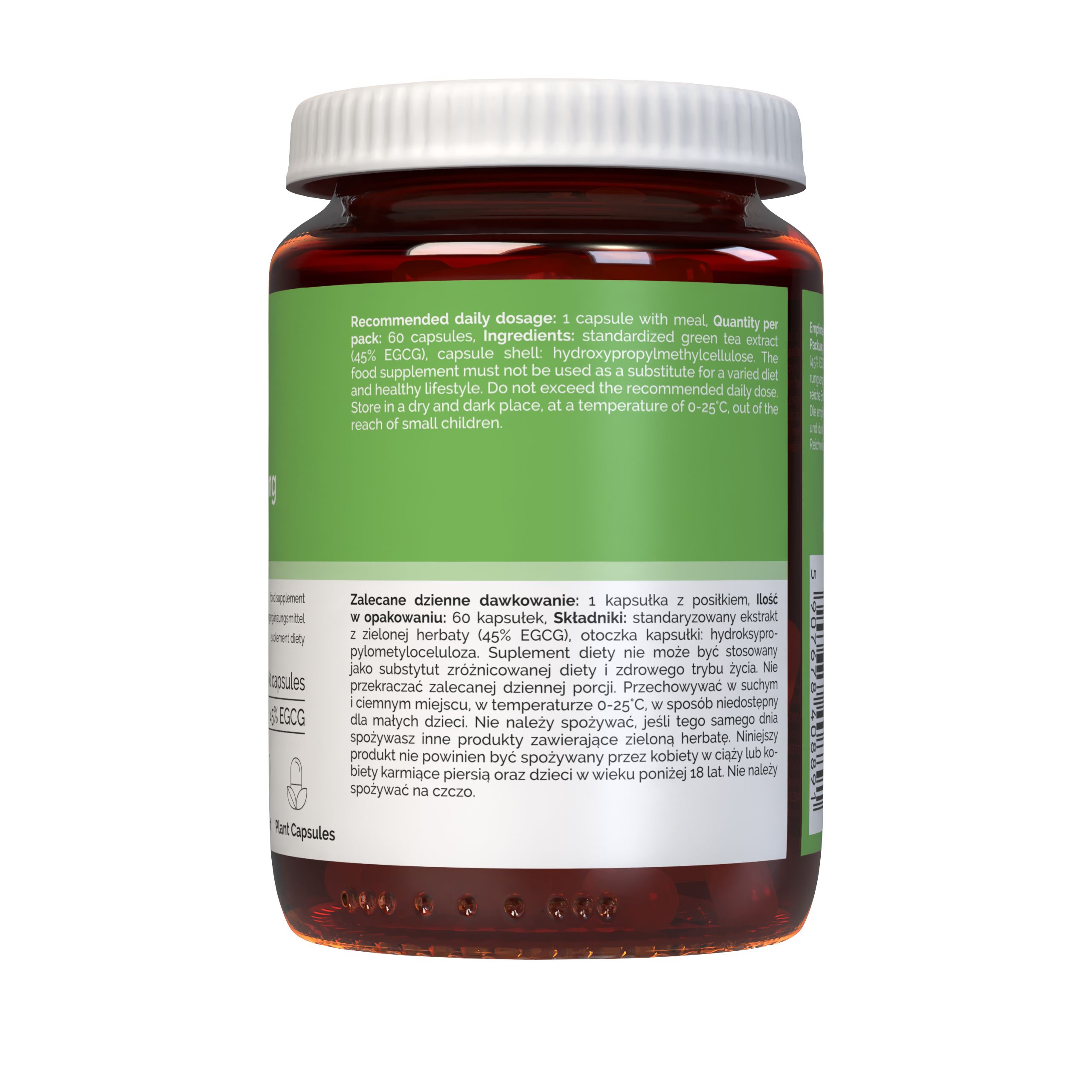 Rückseite eines Vitaler's Green Tea 500 mg Kapselbehälters mit detaillierten Informationen und Inhaltsstoffen.