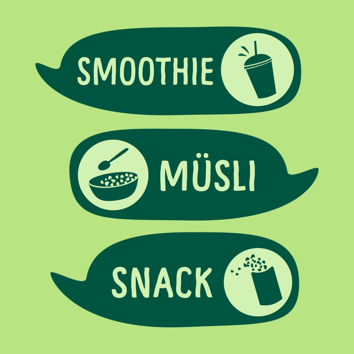 Drei grüne Sprechblasen mit weißen Icons und Texten. Beschriftungen: "Smoothie", "Müsli" und "Snack".
