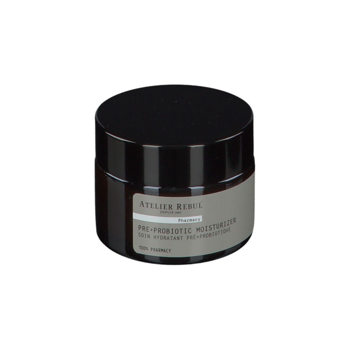 Braune Creme-Dose mit schwarzem Deckel. Auf dem Etikett steht: ATELIER REBUL PRE+ PROBIOTIC MOISTURIZER.