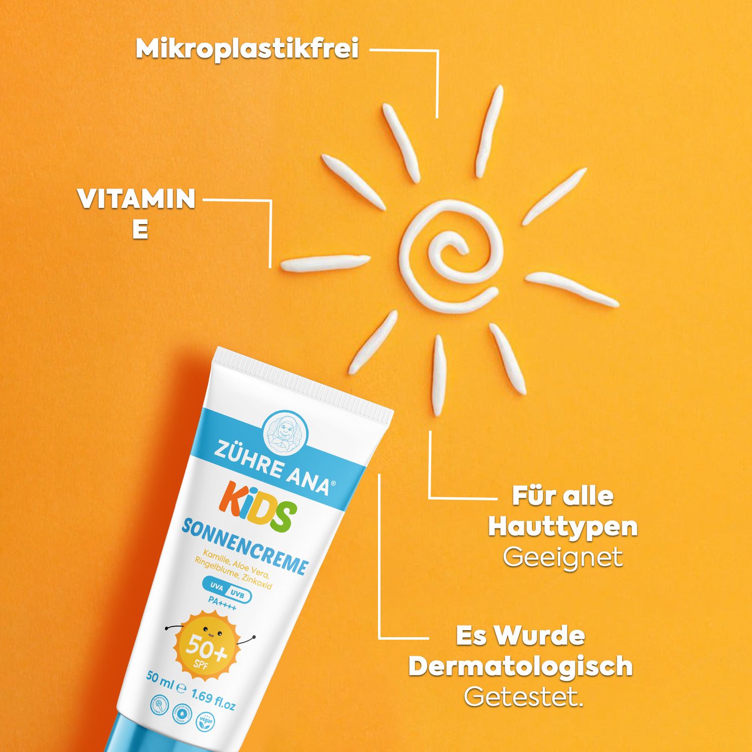 Zühre Ana Kids Sonnencreme LSF 50+ Tube mit Vitamin E und einem Sonnensymbol.