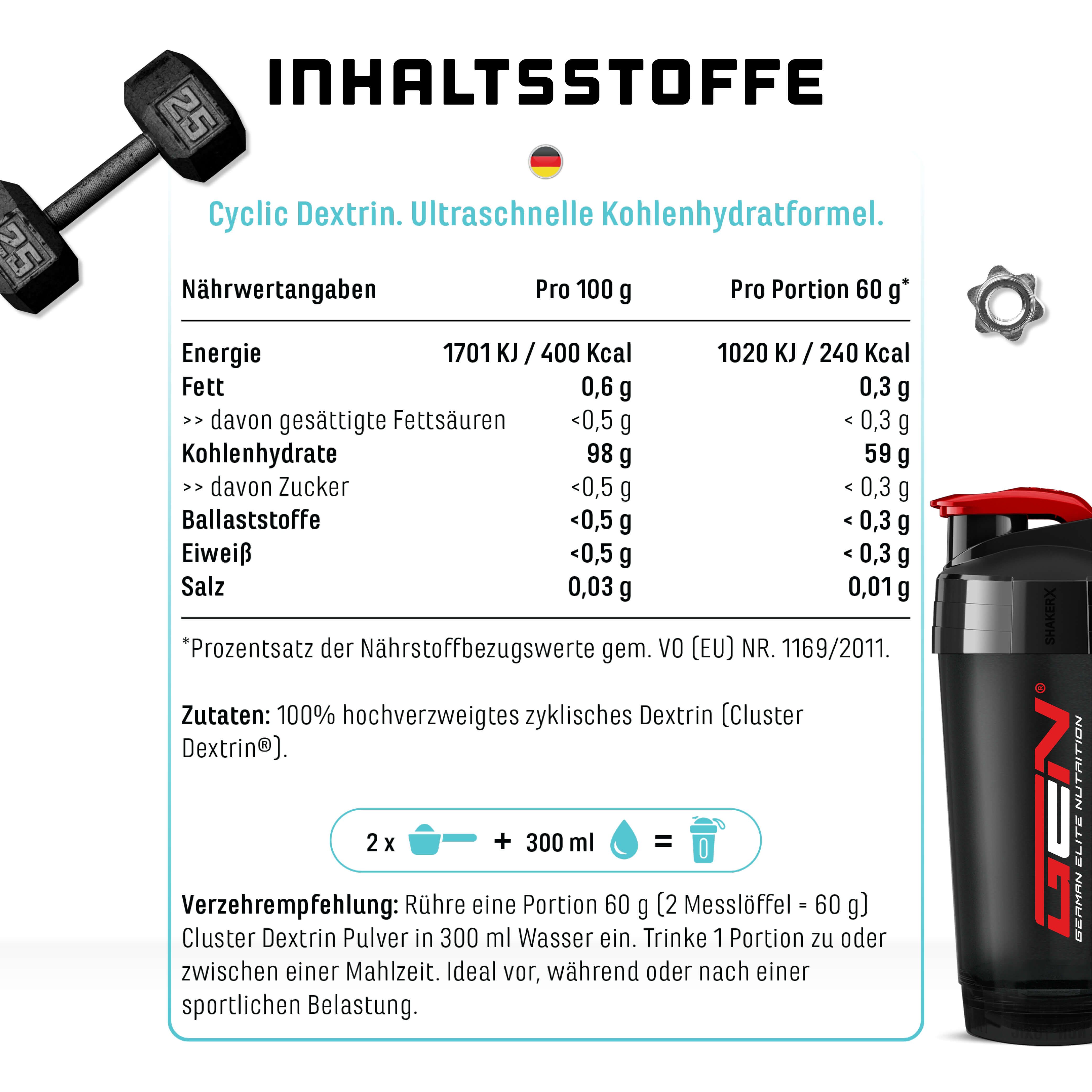 Nährwerttabelle für GEN Cyclic Dextrin. Angaben pro 100g und pro Portion (60g). Enthält Energie, Fett, Kohlenhydrate, Ballaststoffe, Eiweiß, Salz. Zubereitungsempfehlung.