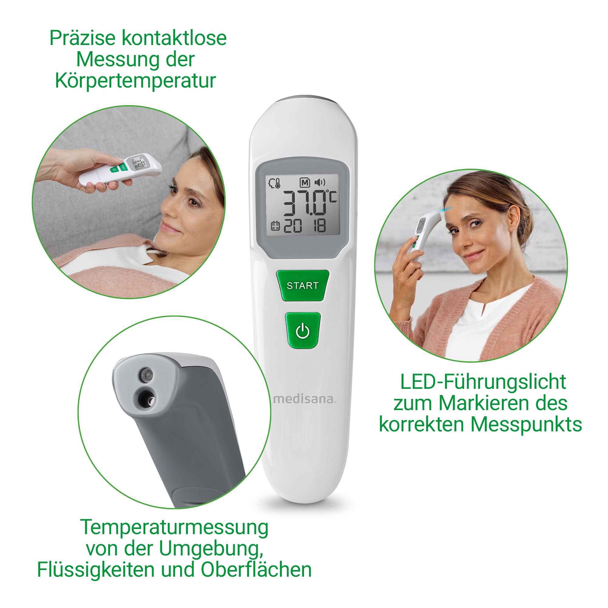 Kontaktloses Fieberthermometer mit Nahaufnahme der Messspitze und Anwendungshinweisen.