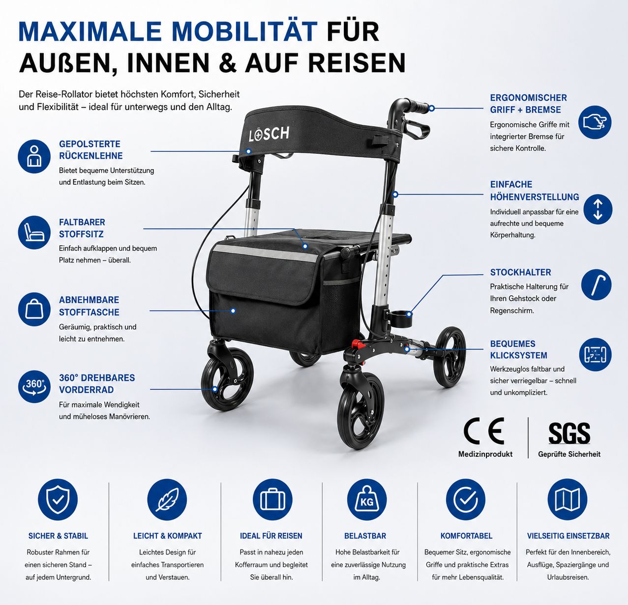 Rollator mit schwarzem Sitz, Tasche und Rückenlehne. Silberfarbenes Gestell. 360° Vorderräder. Ergonomische Griffe. CE-Kennzeichnung.