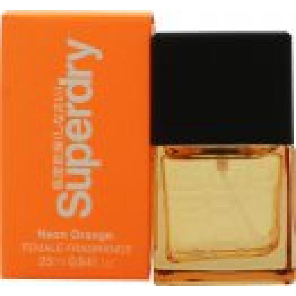 Neonorange Schachtel und Flakon. Flakon mit schwarzem Deckel. Schriftzug Superdry, Neon Orange, Female Fragrance. 25ml.
