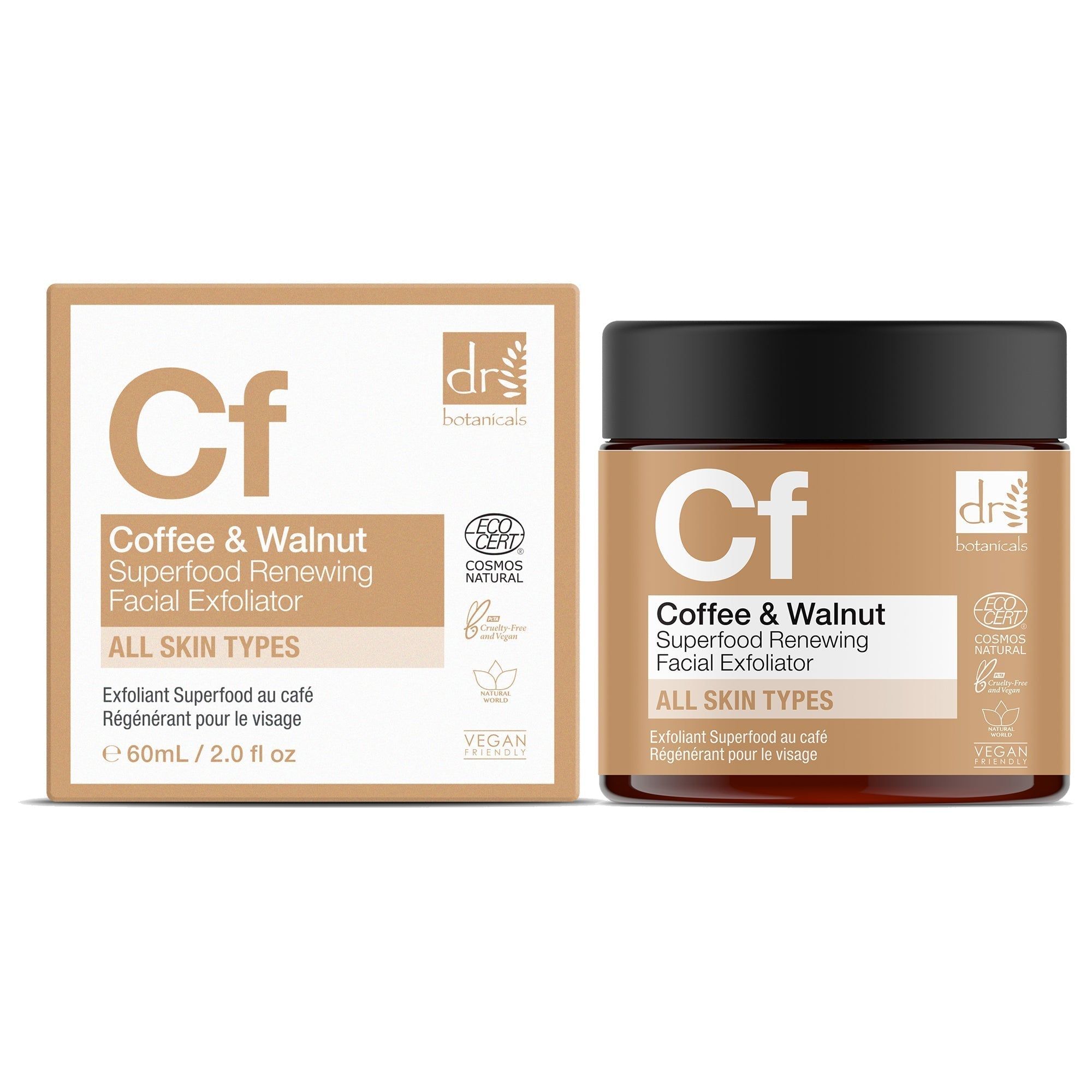 Produktverpackung mit Dose und Schachtel. Aufschrift: "Cf Coffee & Walnut Superfood Renewing Facial Exfoliator ALL SKIN TYPES".