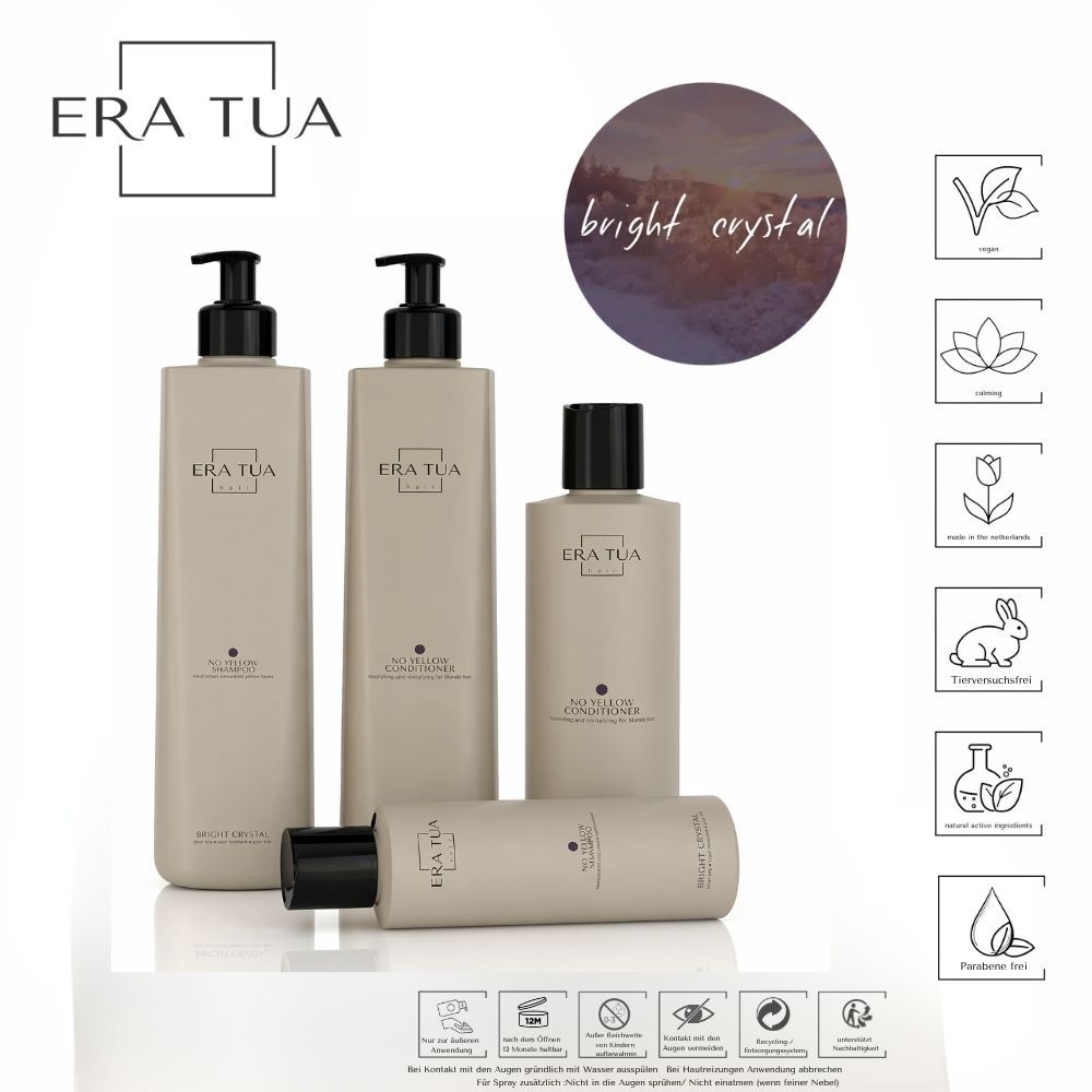 Vier Flaschen "ERA TUA" Conditioner. Eine Flasche liegt. Text: "Bright Crystal". Symbole: Vegan, beruhigend, ohne Tierversuche.