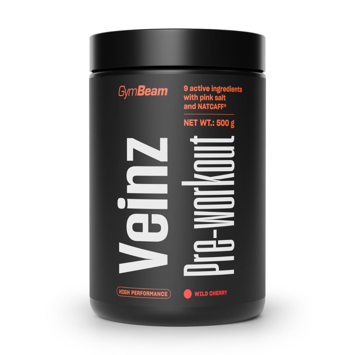 GymBeam Veinz Pre-Workout Pulver in Wild Cherry Geschmack. 500g Dose mit aktiven Inhaltsstoffen.