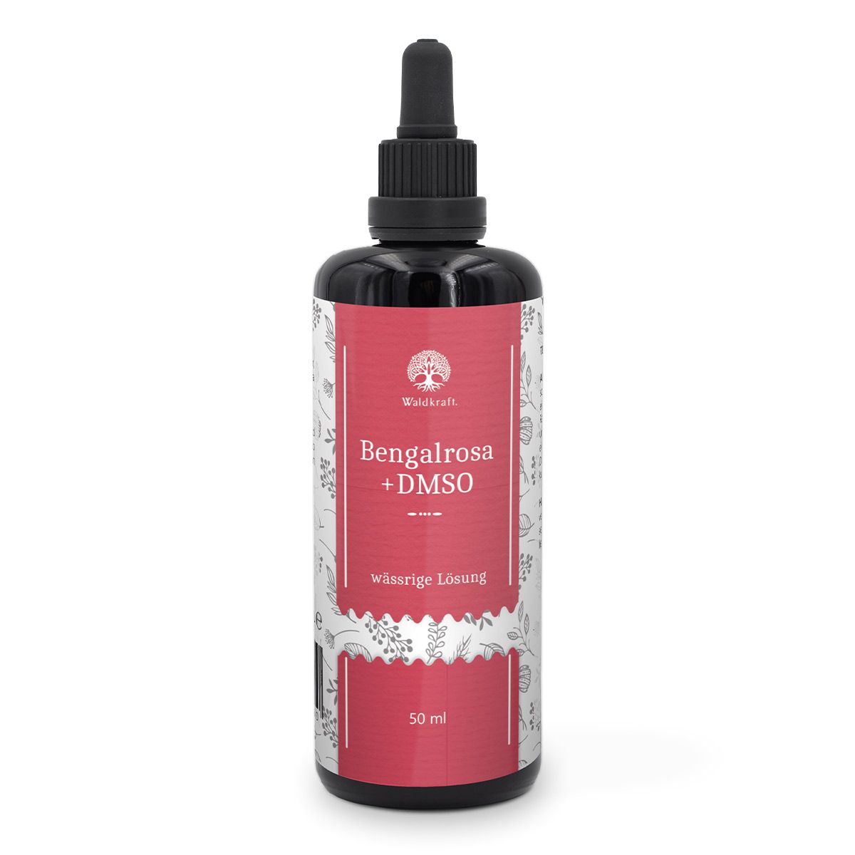 Braune Flasche mit schwarzem Deckel und Pipette. Auf rotem Etikett: Bengalrosa + DMSO, wässrige Lösung, 50 ml. Waldkraft-Logo.