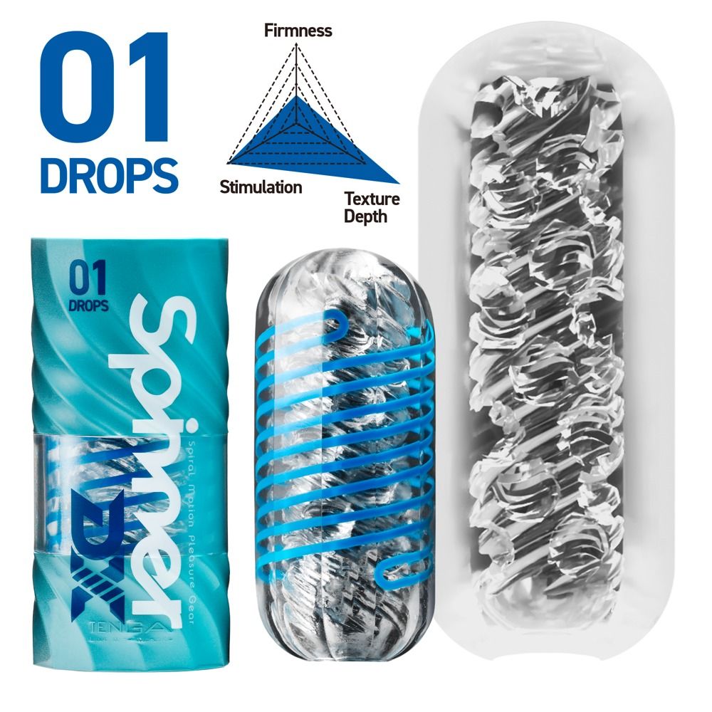 Verpackung mit '01 DROPS', Masturbator mit blauen Spiralen und Innenstruktur.