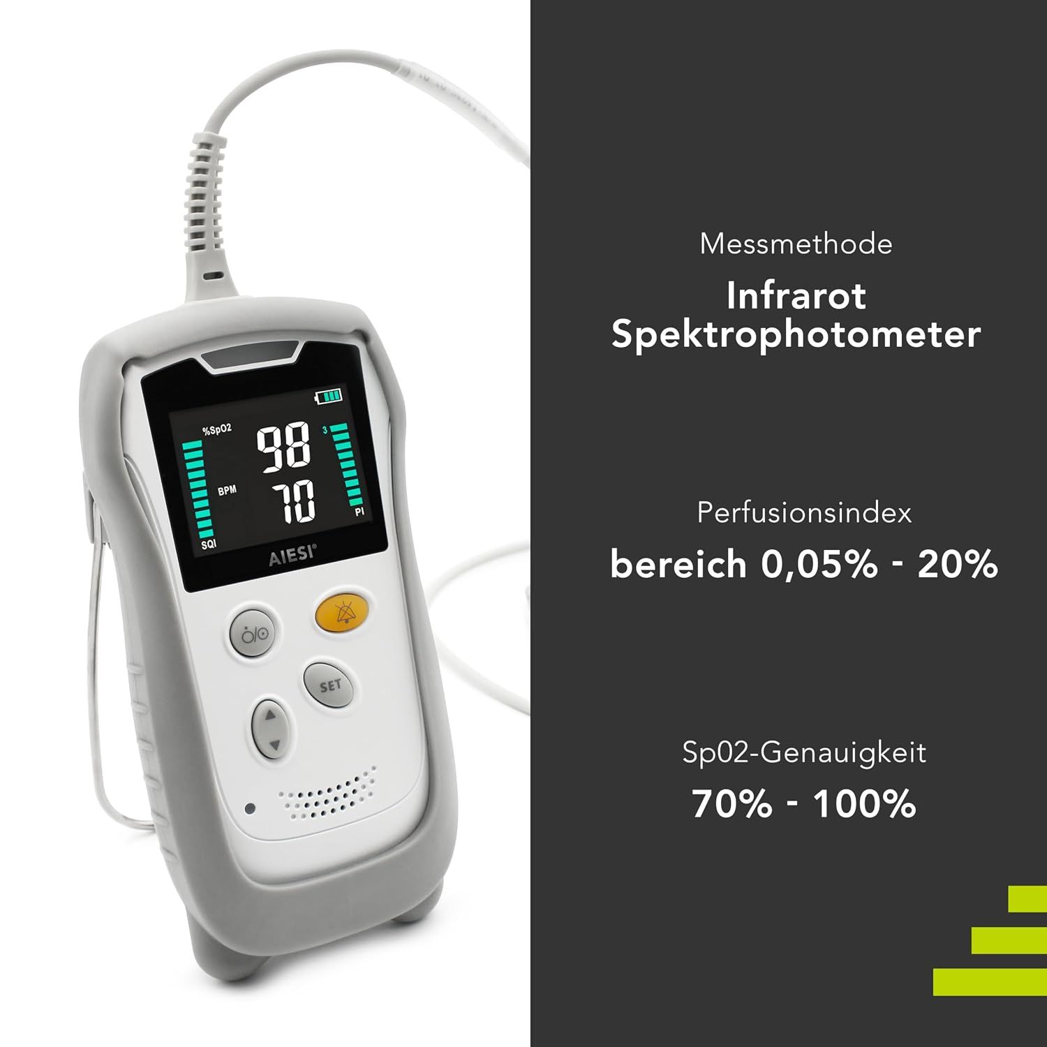 Ein Fingerspulsoximeter mit detaillierter schematischer Darstellung der Komponenten und Funktionen.