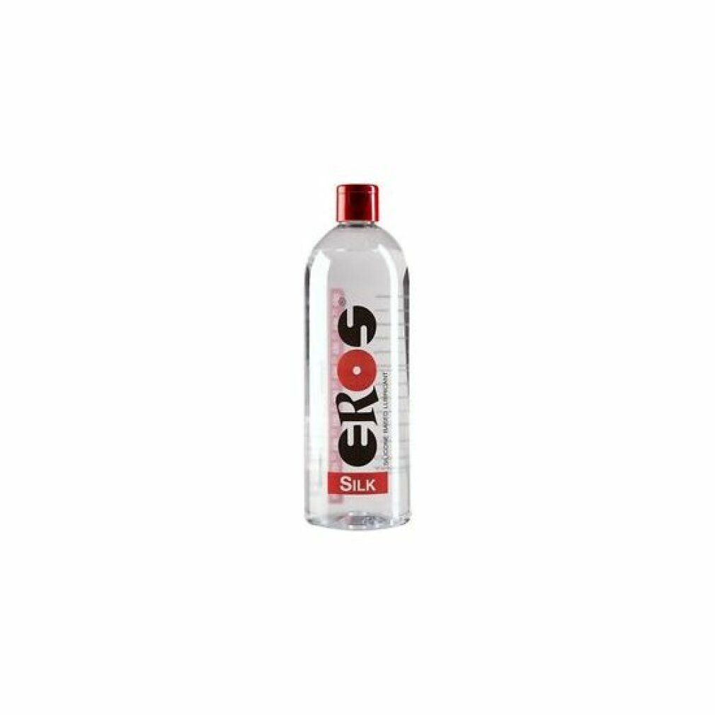 Transparente Flasche mit rotem Deckel. Aufdruck: EROS, SILK. Text: SILICONE BASED LUBRICANT.
