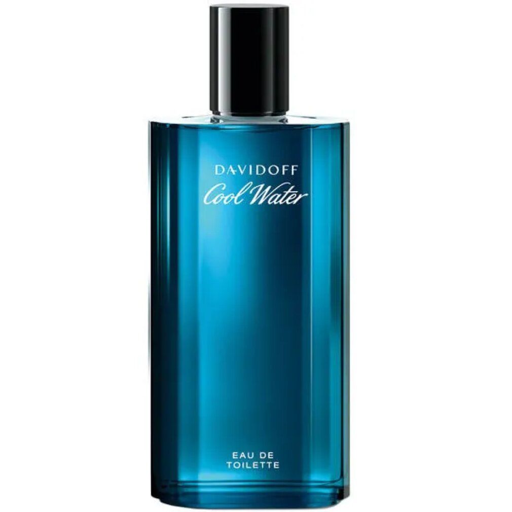 Davidoff Cool Water Eau de Toilette Flakon. Blaues Glas, schwarzer Verschluss. Schriftzug: Davidoff Cool Water, Eau de Toilette.