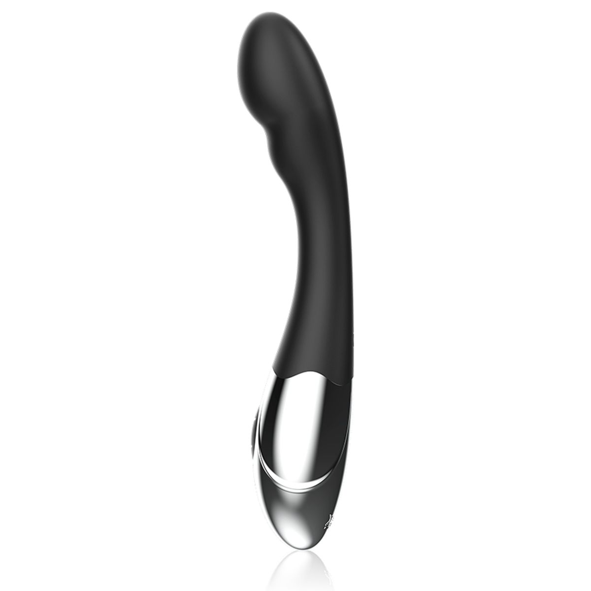 Schwarzer Vibrator mit silbernem Ende. Gebogene Form.