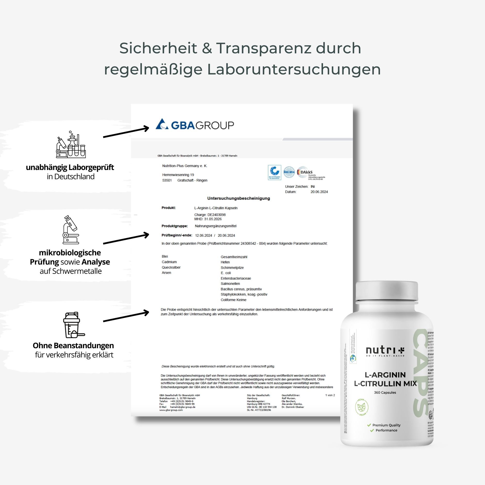 Dokument mit Text und Flasche. Text: Sicherheits- und Transparenz durch regelmäßige Laboruntersuchungen. Flasche: nutri+, L-Arginin L-Citrullin Mix.