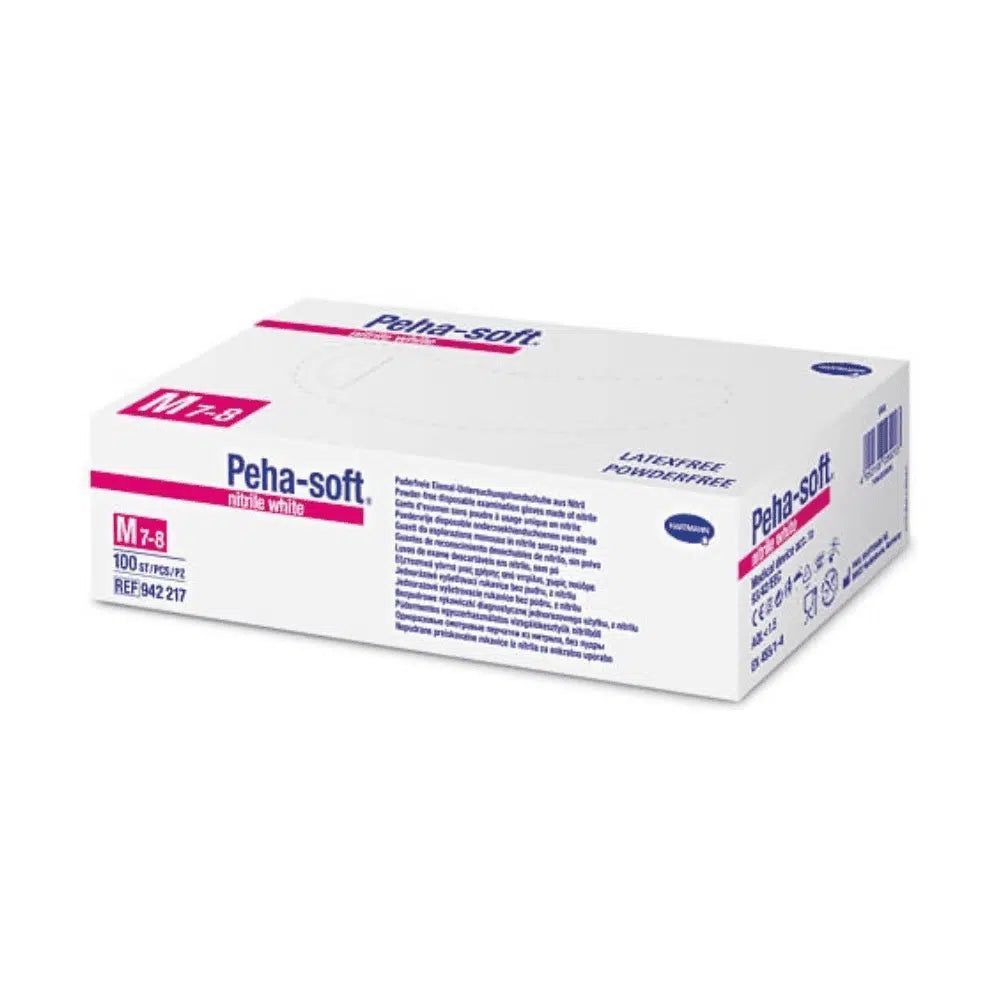 Weiße Box mit Peha-soft Nitril-Handschuhen. Größe M 7-8. 100 Stück. Latex- und puderfrei. Hartmann Logo.