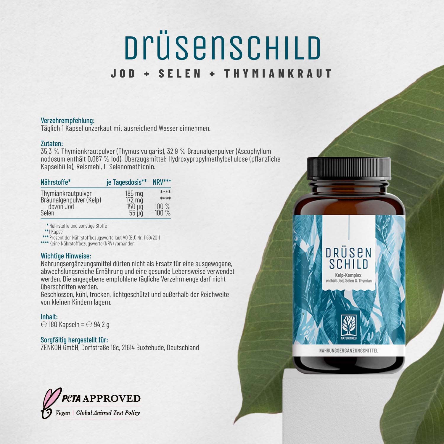 Braune Flasche Drüsenschild-Kapseln. Text mit Inhaltsstoffen und Nährwerten. PETA-Siegel.