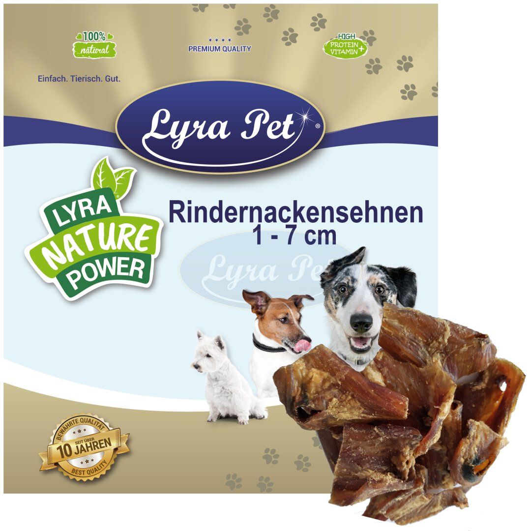 Lyra Pet Rindernackensehnen 1-7 cm. Verpackung mit Produkt und Hundeabbildungen. Aufschrift: Lyra Nature Power, 100% natural.