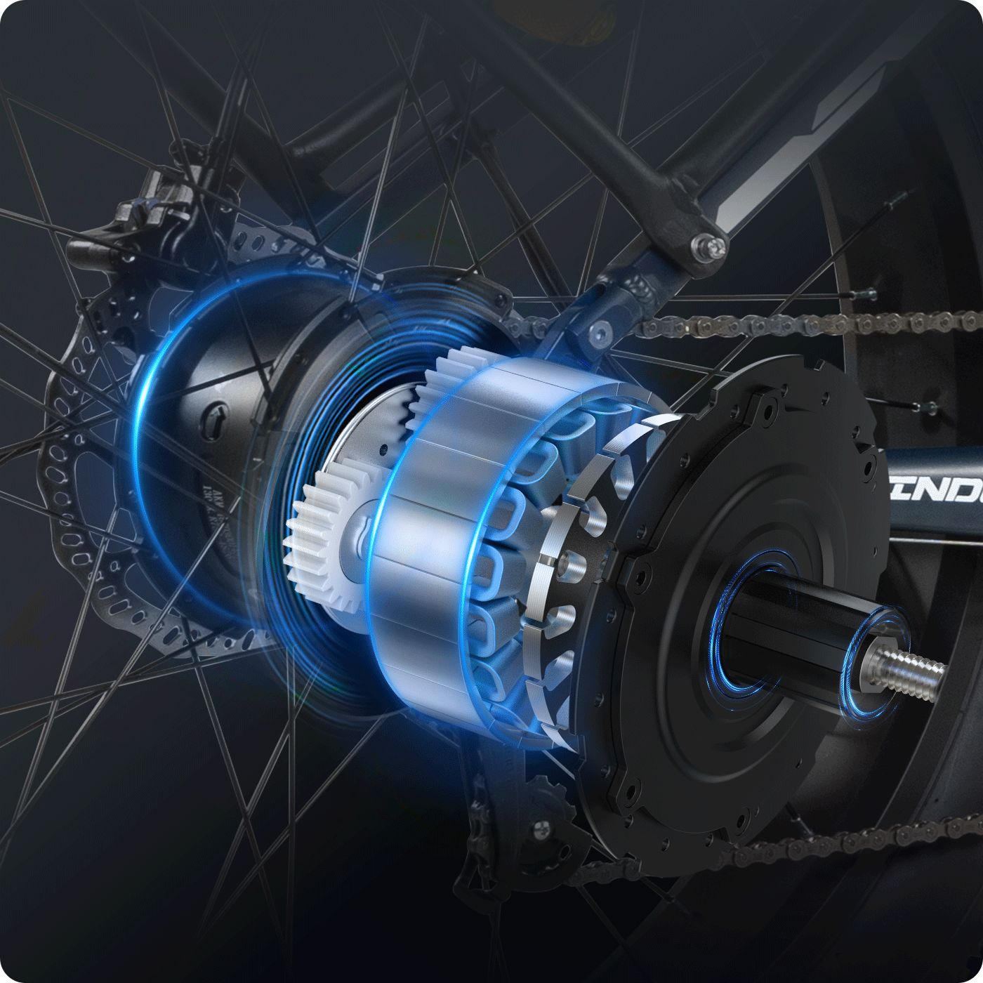 E-Bike-Motor und Getriebe mit Zahnrädern und Kettenantrieb.