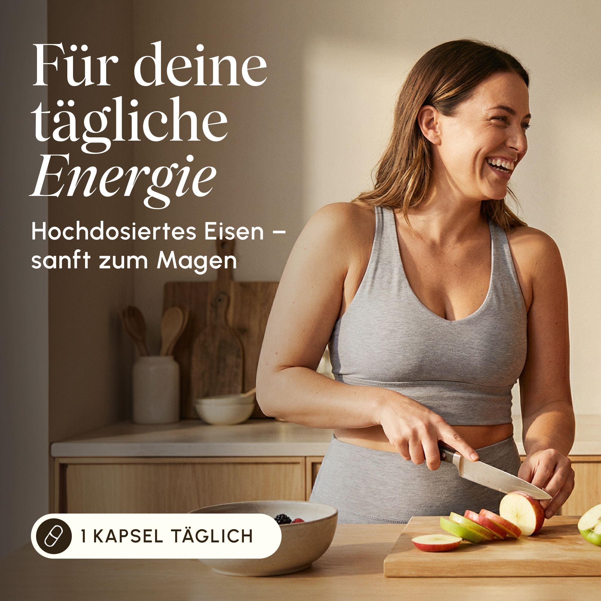 Frau schneidet Äpfel, Text: Für deine tägliche Energie. Hochdosiertes Eisen.