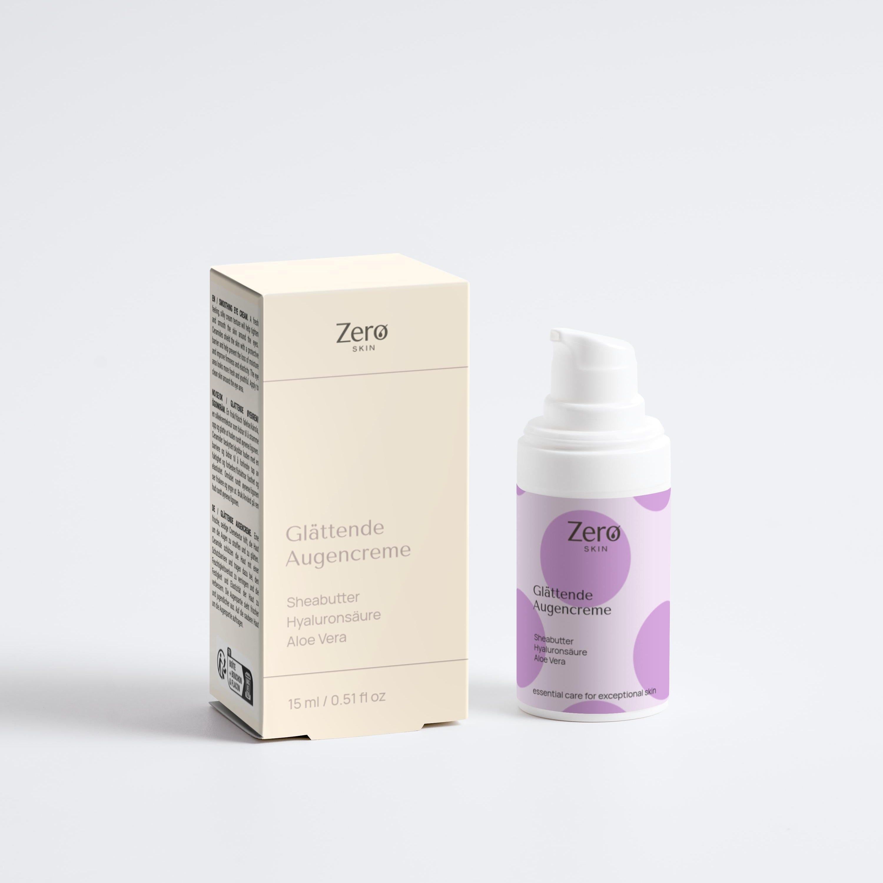Zero Skin Glättende Augencreme und Faltschachtel mit Produktinformationen.