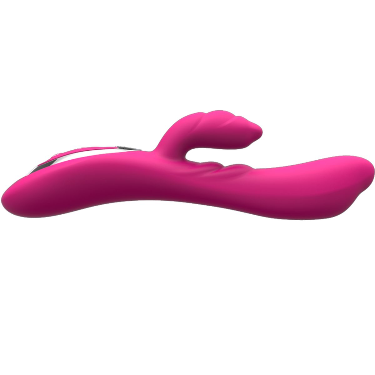 Pinkfarbener Vibrator mit Hasenohren-Design. Mit Bedienfeld und Knöpfen. Seitliche Ansicht.